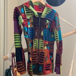 vintage colorful patchwork hooded zip up